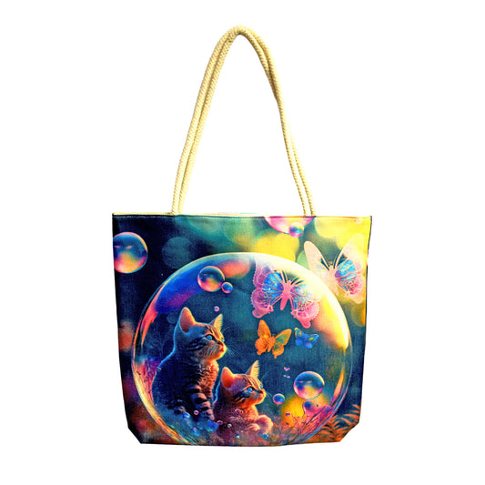 Cats in Bubble Techno Jute Tote Bag