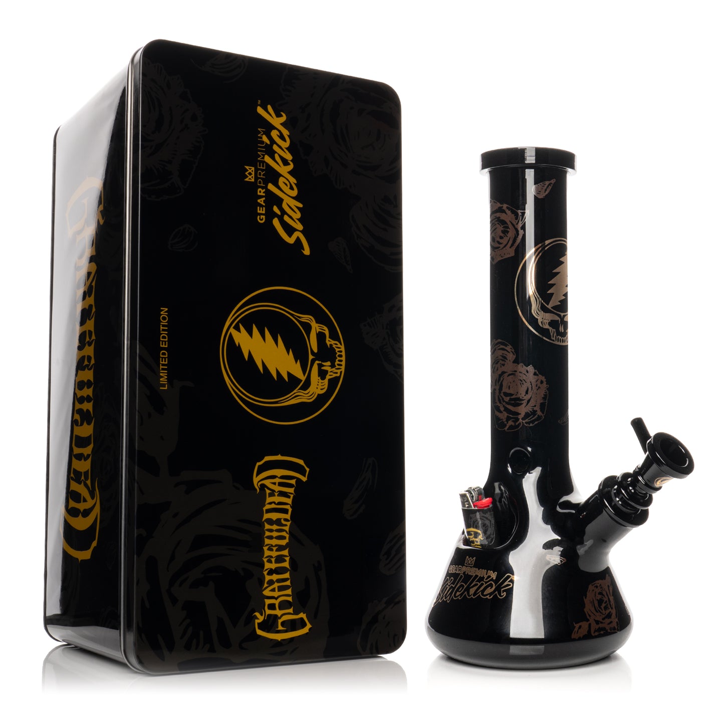 12" 7mm Thick Black & Gold Steal Your Face Sidekick Water Pipe (Limited Edition of 420)
